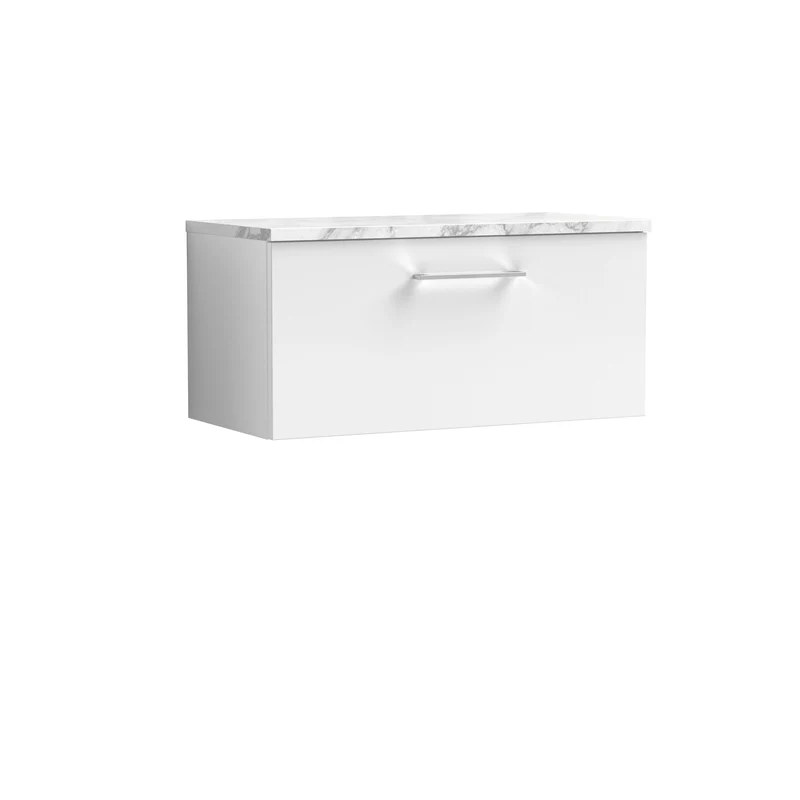 Lana 800mm Wall Hung 1 Drawer Vanity Unit & Carrera Marble Laminate Worktop - White Gloss