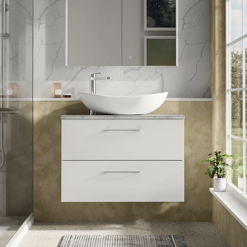 Lana 800mm Wall Hung 2 Drawer Vanity Unit & Bellato Grey Laminate Worktop - White Gloss