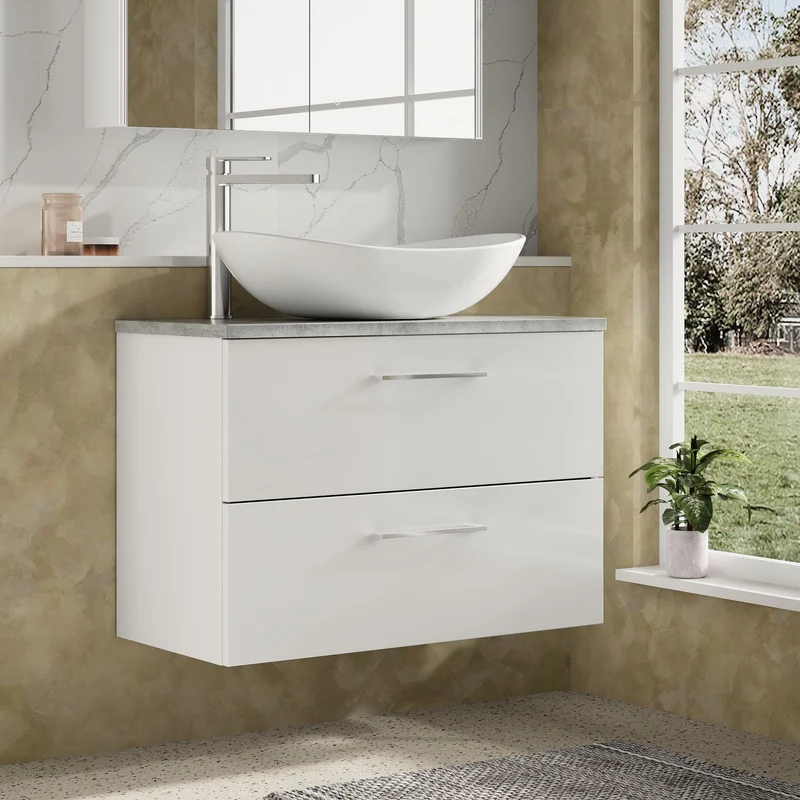 Lana 800mm Wall Hung 2 Drawer Vanity Unit & Bellato Grey Laminate Worktop - White Gloss