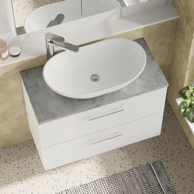 Lana 800mm Wall Hung 2 Drawer Vanity Unit & Bellato Grey Laminate Worktop - White Gloss