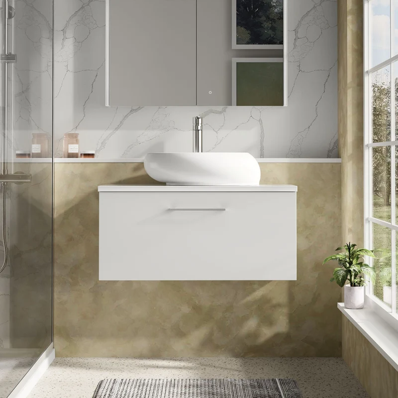 Lana 800mm Wall Hung 1 Drawer Vanity Unit & Worktop - White Gloss
