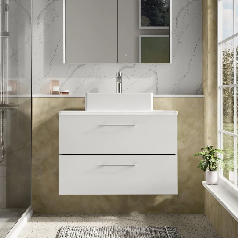Lana 800mm Wall Hung 2 Drawer Vanity Unit & Carrera Marble Laminate Worktop - White Gloss