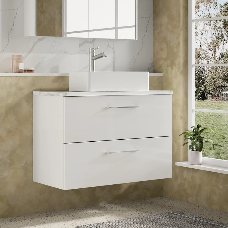Lana 800mm Wall Hung 2 Drawer Vanity Unit & Carrera Marble Laminate Worktop - White Gloss