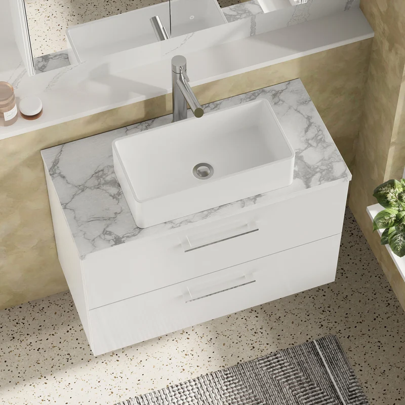 Lana 800mm Wall Hung 2 Drawer Vanity Unit & Carrera Marble Laminate Worktop - White Gloss