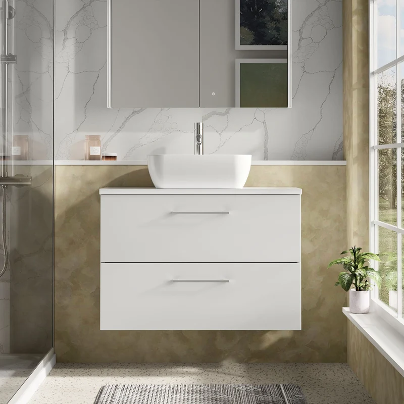 Lana 800mm Wall Hung 2 Drawer Vanity Unit & Worktop - White Gloss