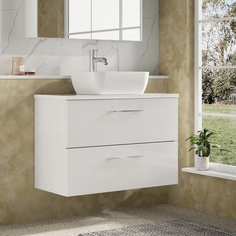 Lana 800mm Wall Hung 2 Drawer Vanity Unit & Worktop - White Gloss