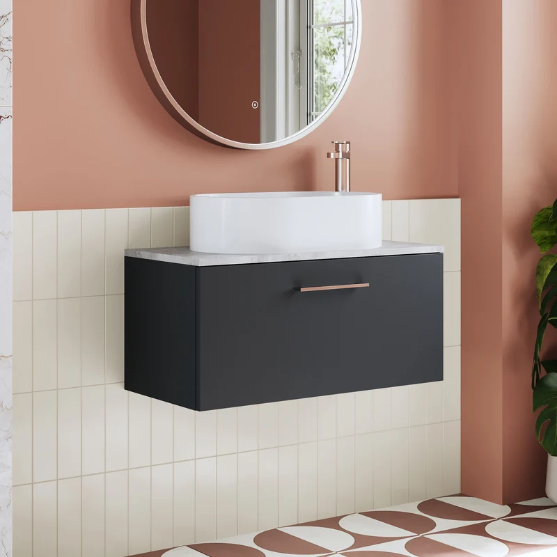 Lana 800mm Wall Hung Single Drawer Vanity Unit & Bellato Grey Laminate Worktop - Soft Black Satin