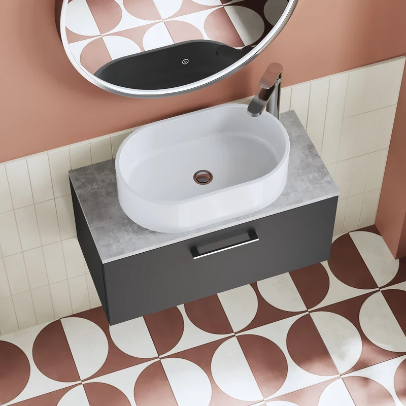 Lana 800mm Wall Hung Single Drawer Vanity Unit & Bellato Grey Laminate Worktop - Soft Black Satin