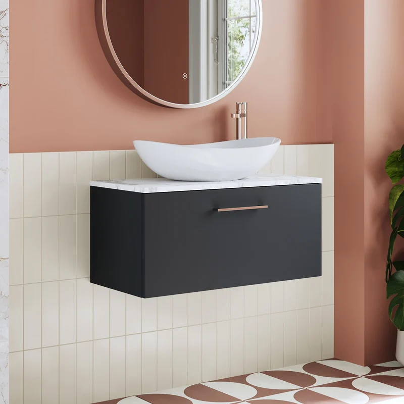 Lana 800mm Wall Hung 1 Drawer Vanity Unit & Carrera Marble Laminate Worktop - Soft Black Satin