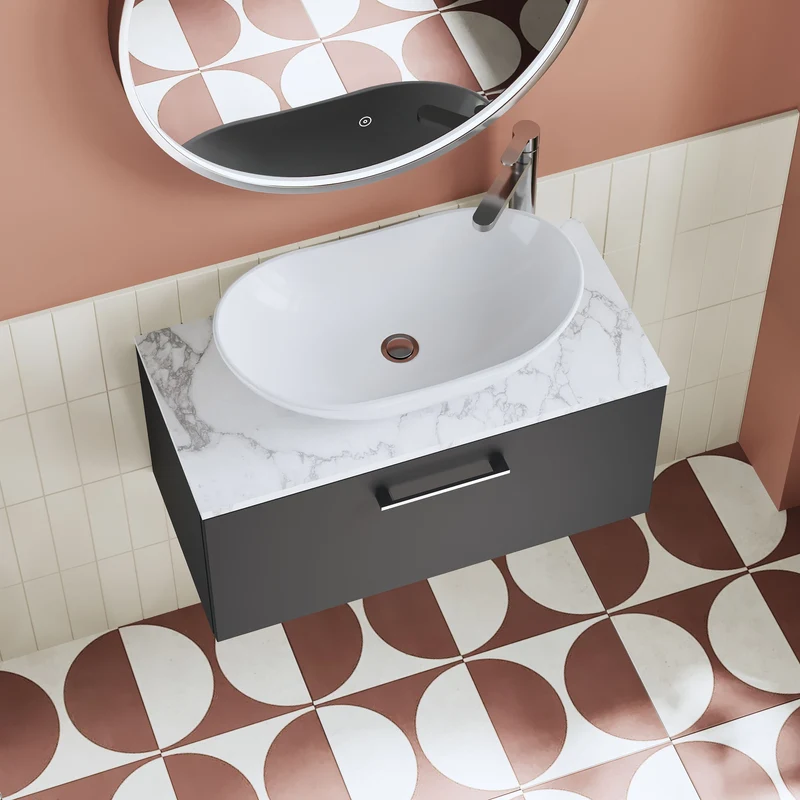 Lana 800mm Wall Hung 1 Drawer Vanity Unit & Carrera Marble Laminate Worktop - Soft Black Satin