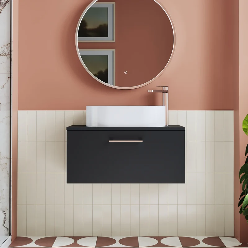 Lana 800mm Wall Hung 1 Drawer Vanity Unit & Worktop - Soft Black Satin