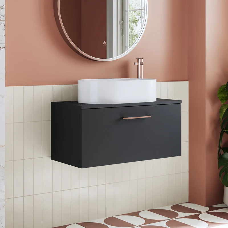 Lana 800mm Wall Hung 1 Drawer Vanity Unit & Worktop - Soft Black Satin