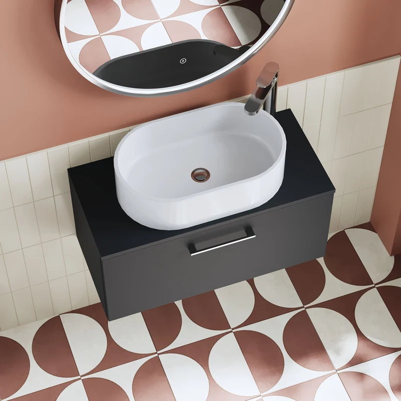 Lana 800mm Wall Hung 1 Drawer Vanity Unit & Worktop - Soft Black Satin