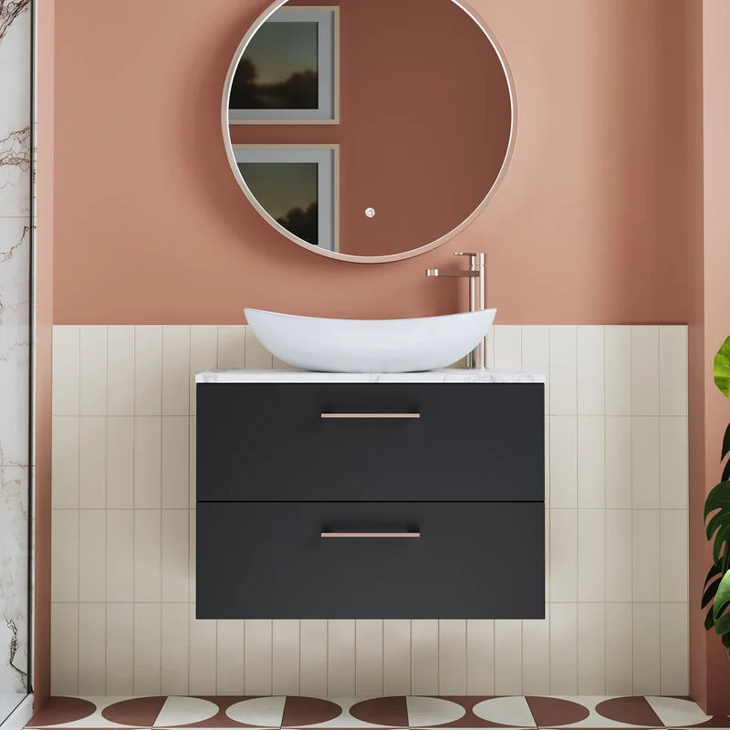 Lana 800mm Wall Hung 2 Drawer Vanity Unit & Carrera Marble Laminate Worktop - Soft Black Satin