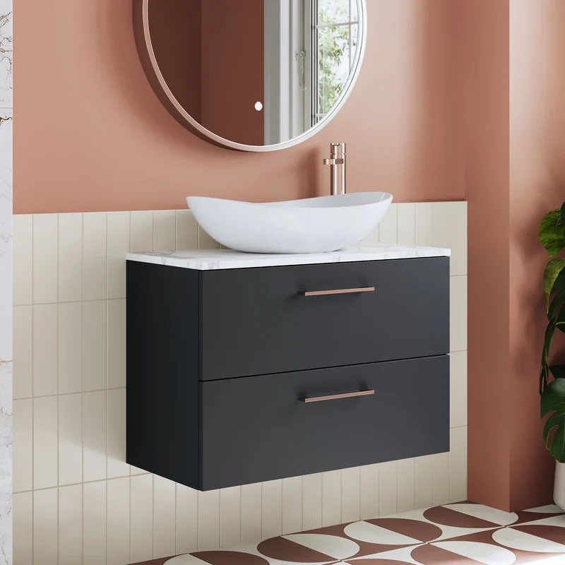 Lana 800mm Wall Hung 2 Drawer Vanity Unit & Carrera Marble Laminate Worktop - Soft Black Satin