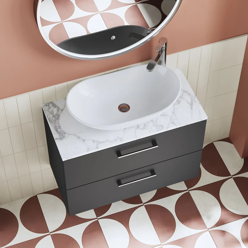 Lana 800mm Wall Hung 2 Drawer Vanity Unit & Carrera Marble Laminate Worktop - Soft Black Satin