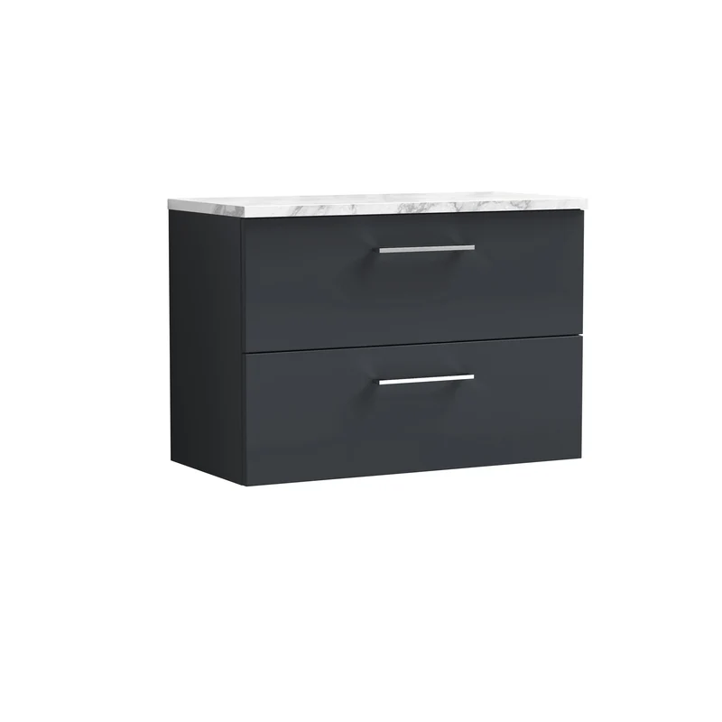 Lana 800mm Wall Hung 2 Drawer Vanity Unit & Carrera Marble Laminate Worktop - Soft Black Satin