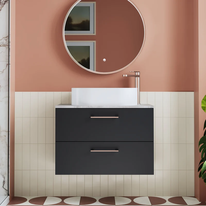 Lana 800mm Wall Hung 2 Drawer Vanity Unit & Bellato Grey Laminate Worktop - Soft Black Satin