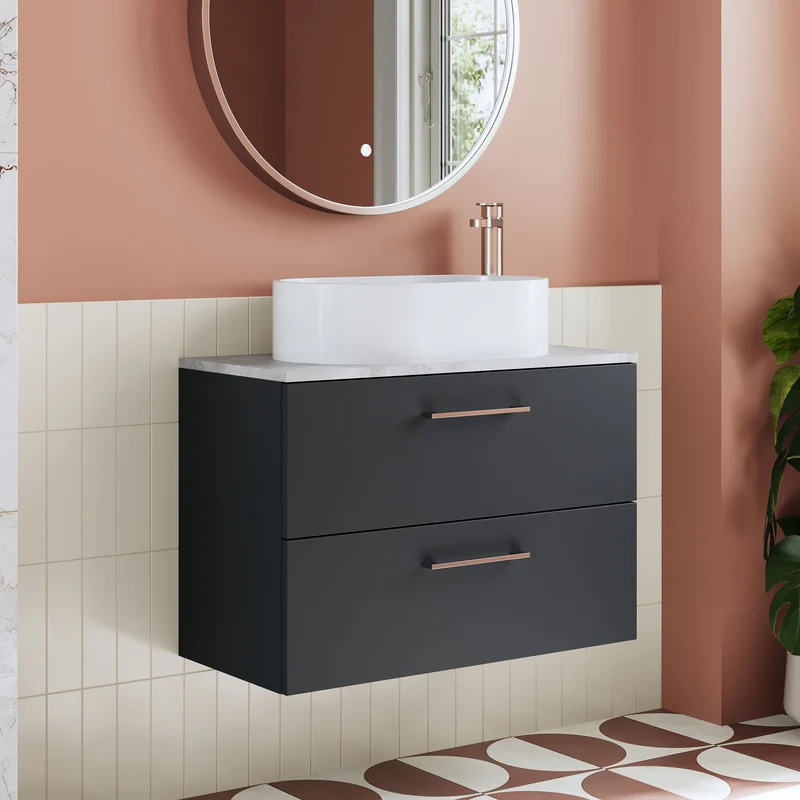 Lana 800mm Wall Hung 2 Drawer Vanity Unit & Bellato Grey Laminate Worktop - Soft Black Satin