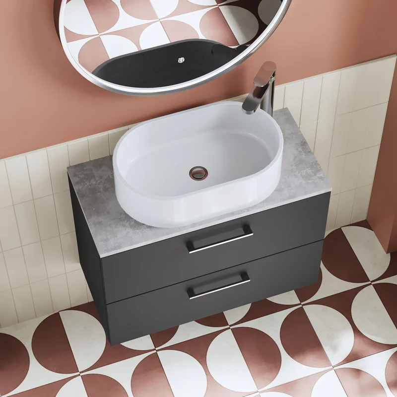 Lana 800mm Wall Hung 2 Drawer Vanity Unit & Bellato Grey Laminate Worktop - Soft Black Satin