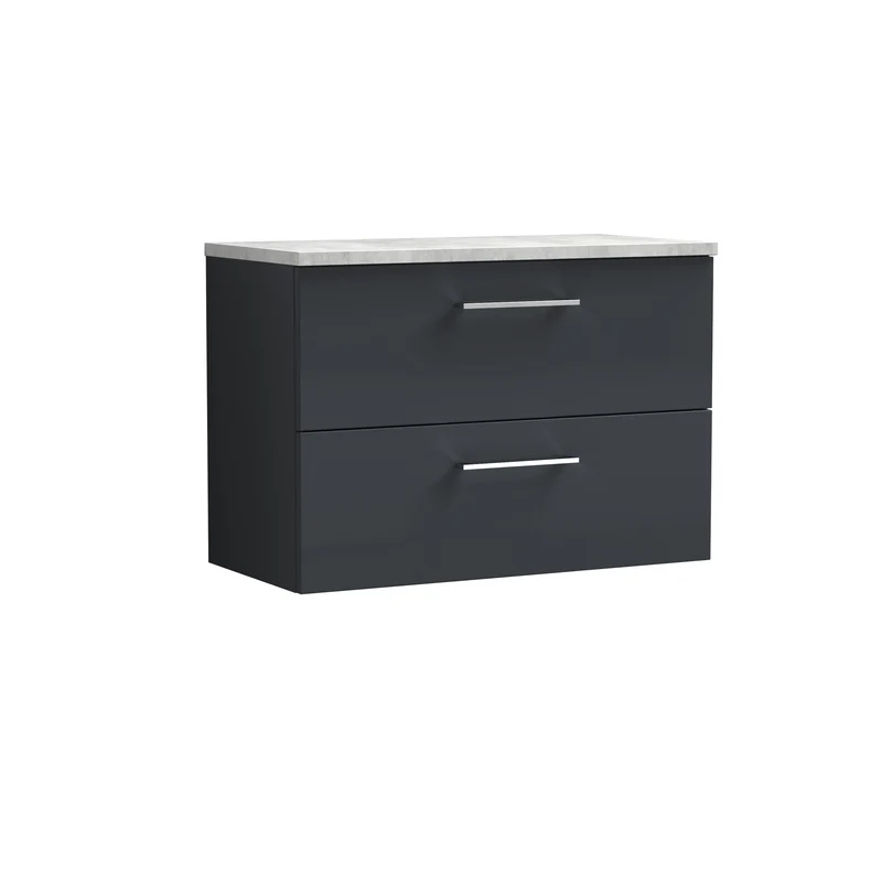 Lana 800mm Wall Hung 2 Drawer Vanity Unit & Bellato Grey Laminate Worktop - Soft Black Satin