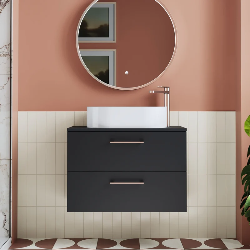 Lana 800mm Wall Hung 2 Drawer Vanity Unit & Worktop - Soft Black Satin