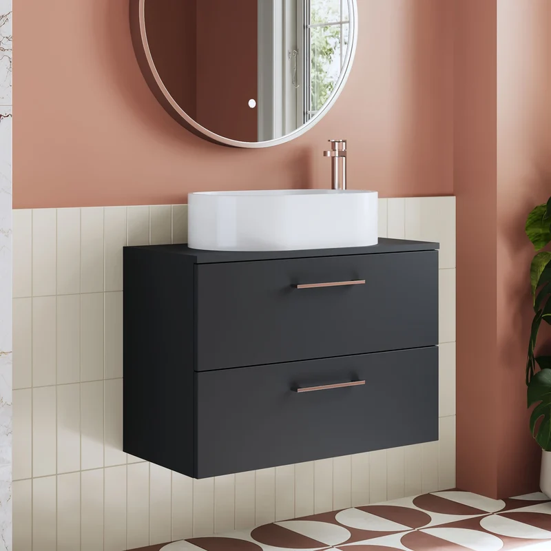 Lana 800mm Wall Hung 2 Drawer Vanity Unit & Worktop - Soft Black Satin