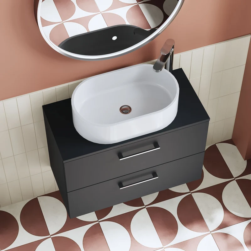 Lana 800mm Wall Hung 2 Drawer Vanity Unit & Worktop - Soft Black Satin