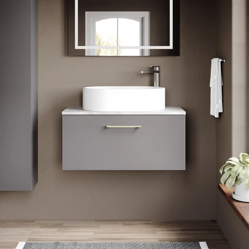 Lana 800mm Wall Hung Single Drawer Vanity Unit & Bellato Grey Laminate Worktop - Grey Satin