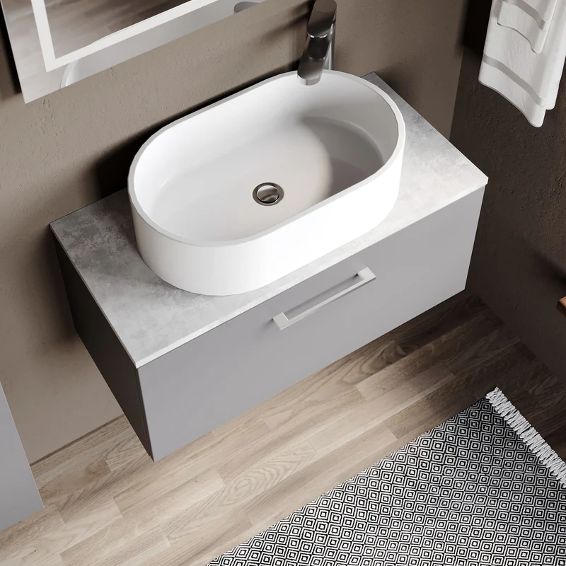 Lana 800mm Wall Hung Single Drawer Vanity Unit & Bellato Grey Laminate Worktop - Grey Satin