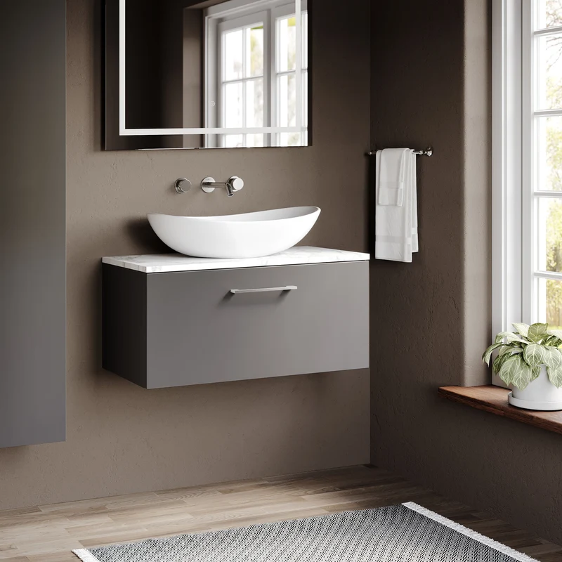 Lana 800mm Wall Hung 1 Drawer Vanity Unit & Carrera Marble Laminate Worktop - Grey Satin