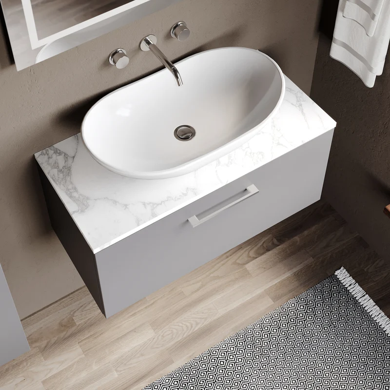 Lana 800mm Wall Hung 1 Drawer Vanity Unit & Carrera Marble Laminate Worktop - Grey Satin