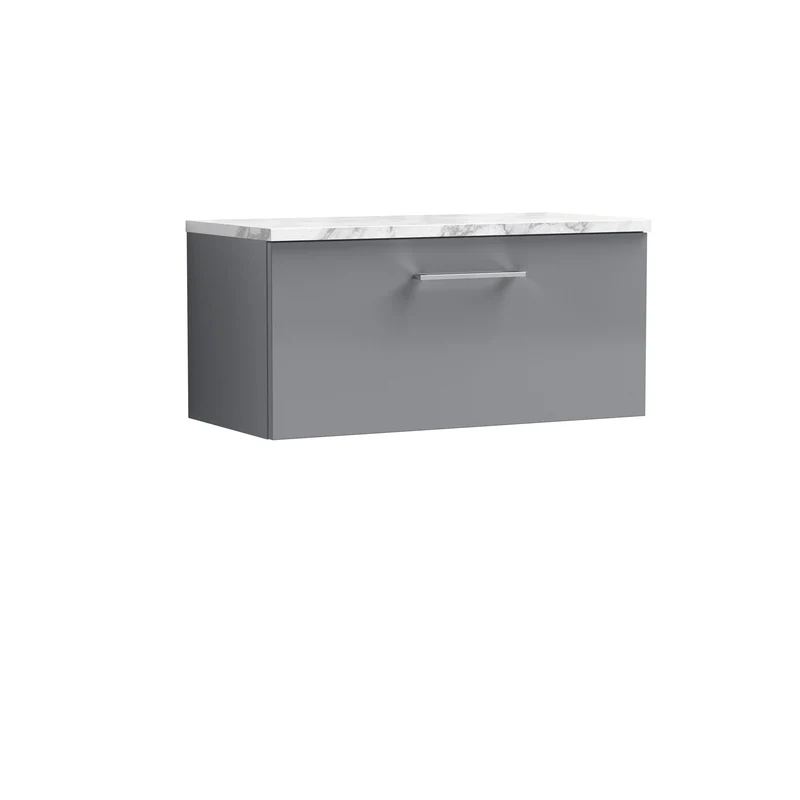 Lana 800mm Wall Hung 1 Drawer Vanity Unit & Carrera Marble Laminate Worktop - Grey Satin