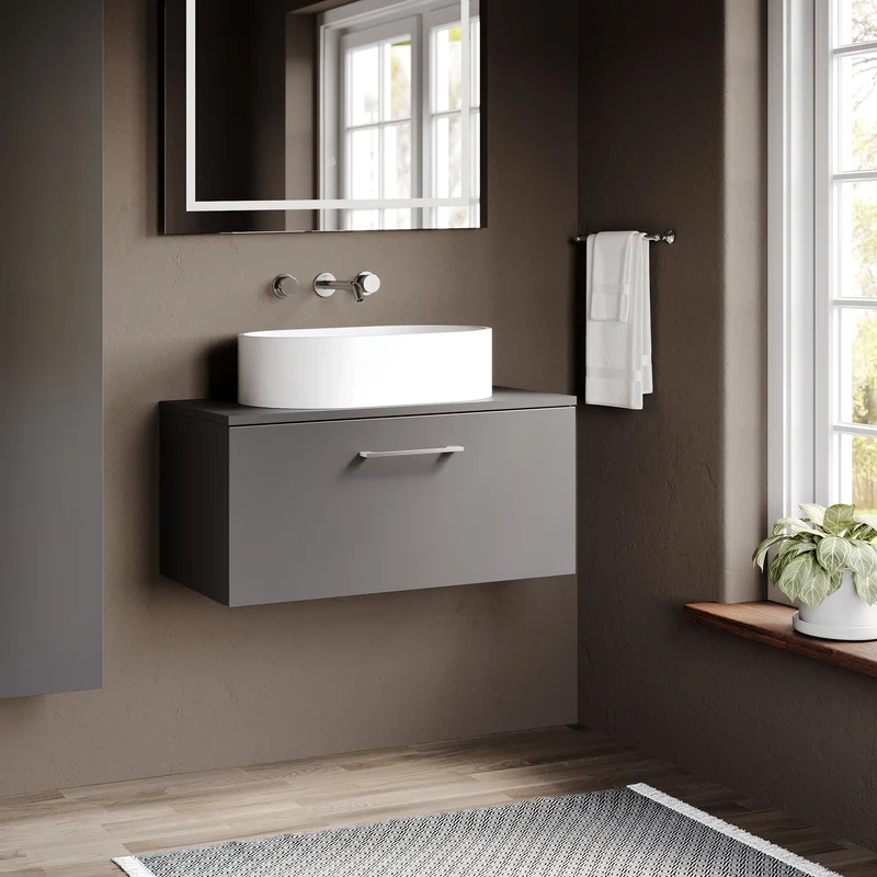 Lana 800mm Wall Hung 1 Drawer Vanity Unit & Worktop - Grey Satin
