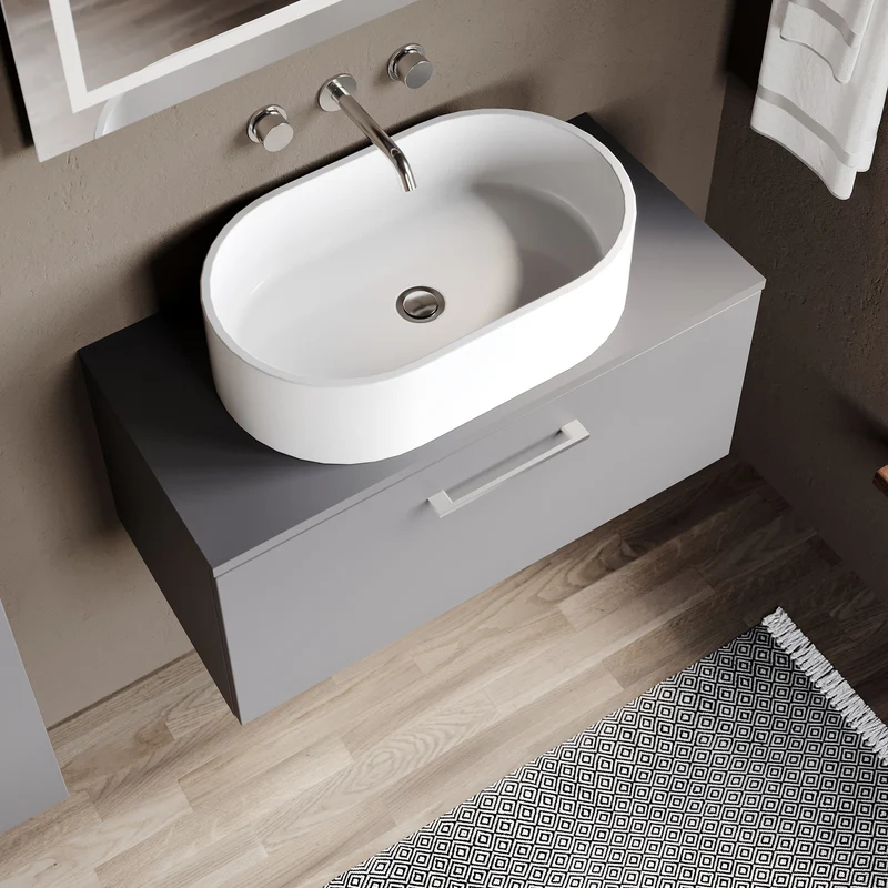 Lana 800mm Wall Hung 1 Drawer Vanity Unit & Worktop - Grey Satin