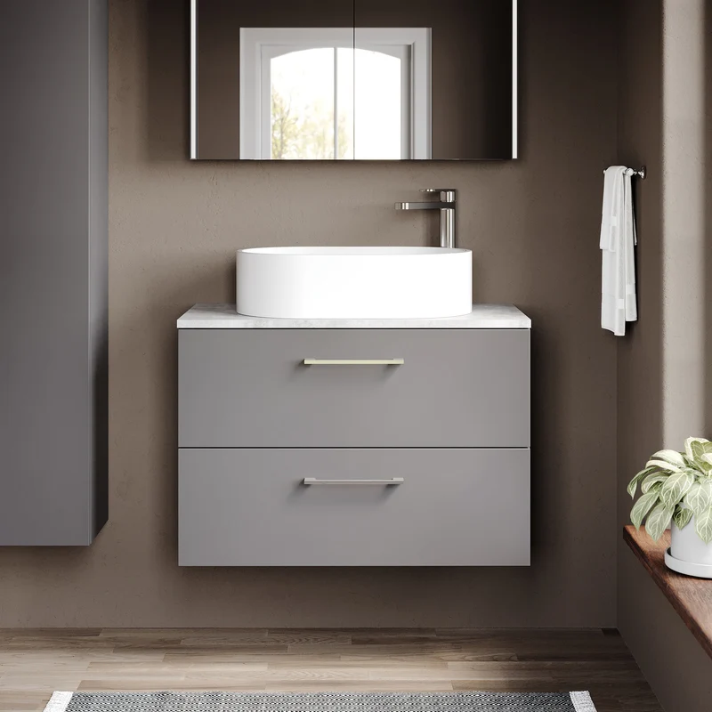 Lana 800mm Wall Hung 2 Drawer Vanity Unit & Bellato Grey Laminate Worktop - Grey Satin