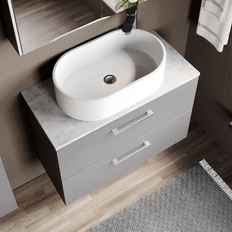 Lana 800mm Wall Hung 2 Drawer Vanity Unit & Bellato Grey Laminate Worktop - Grey Satin