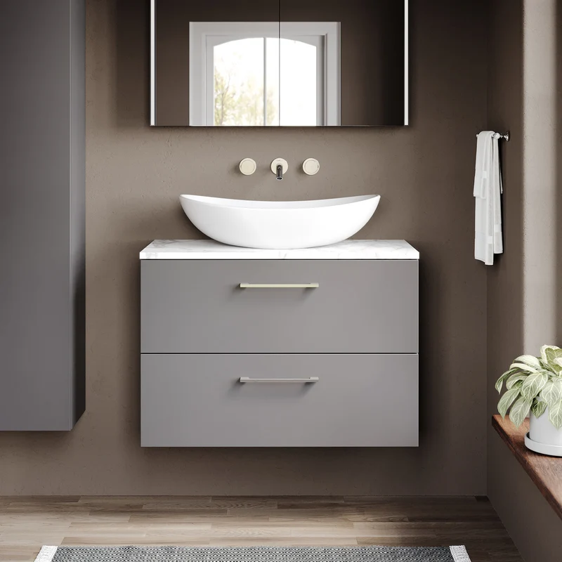 Lana 800mm Wall Hung 2 Drawer Vanity Unit & Carrera Marble Laminate Worktop - Grey Satin