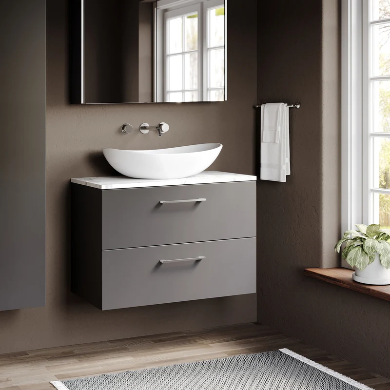 Lana 800mm Wall Hung 2 Drawer Vanity Unit & Carrera Marble Laminate Worktop - Grey Satin