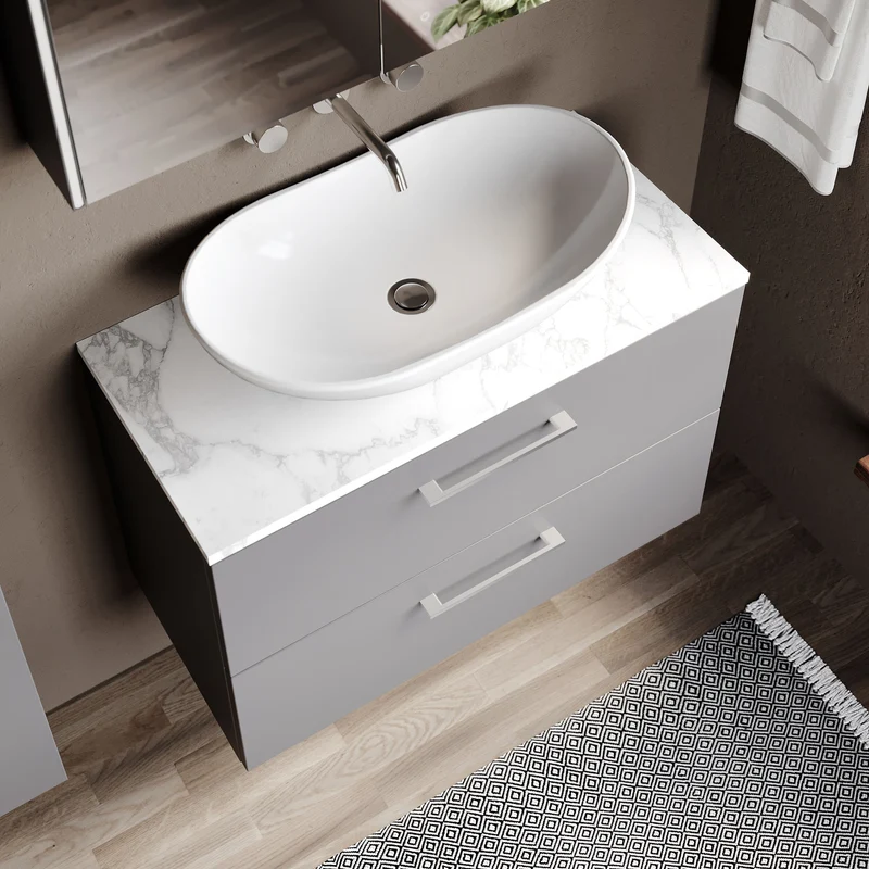 Lana 800mm Wall Hung 2 Drawer Vanity Unit & Carrera Marble Laminate Worktop - Grey Satin