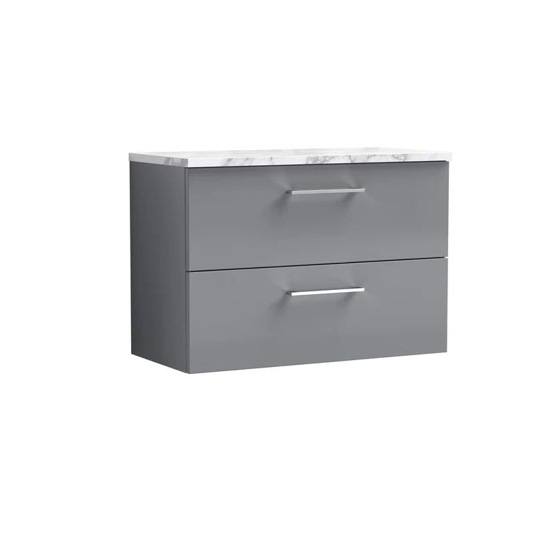 Lana 800mm Wall Hung 2 Drawer Vanity Unit & Carrera Marble Laminate Worktop - Grey Satin