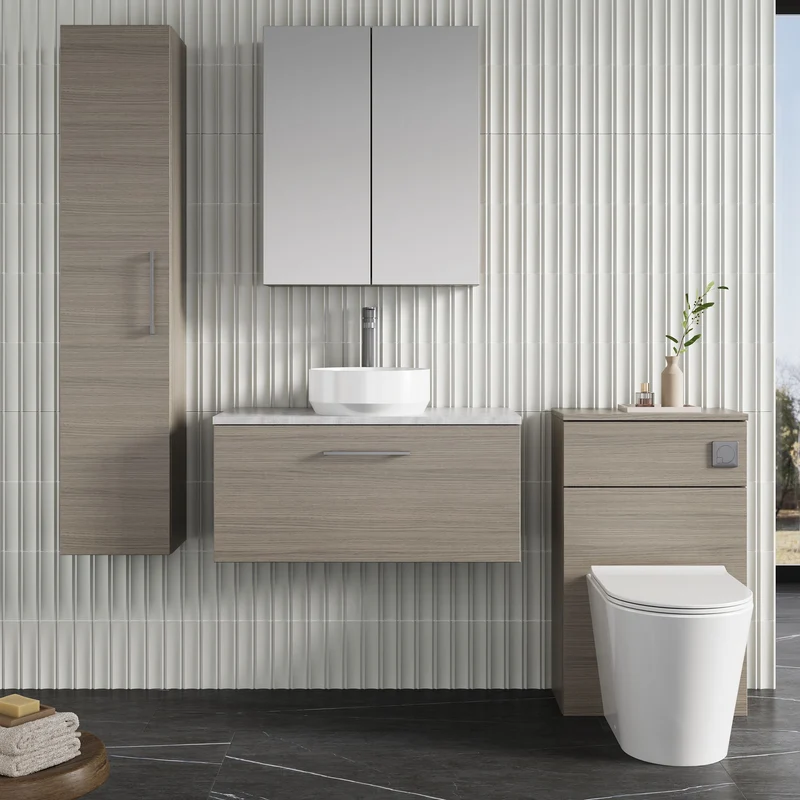 Lana 800mm Wall Hung Single Drawer Vanity Unit & Bellato Grey Laminate Worktop - Solace Oak Woodgrain