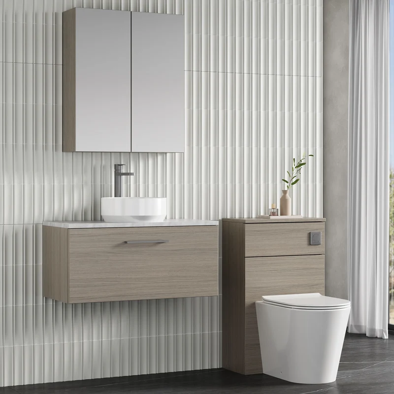 Lana 800mm Wall Hung Single Drawer Vanity Unit & Bellato Grey Laminate Worktop - Solace Oak Woodgrain