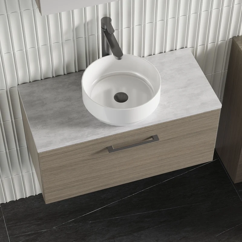 Lana 800mm Wall Hung Single Drawer Vanity Unit & Bellato Grey Laminate Worktop - Solace Oak Woodgrain