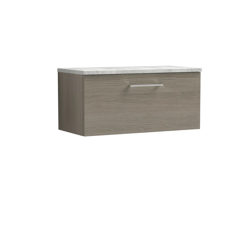 Lana 800mm Wall Hung Single Drawer Vanity Unit & Bellato Grey Laminate Worktop - Solace Oak Woodgrain