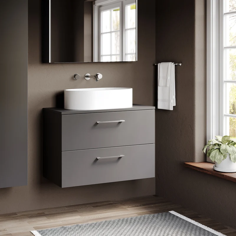 Lana 800mm Wall Hung 2 Drawer Vanity Unit & Worktop - Grey Satin