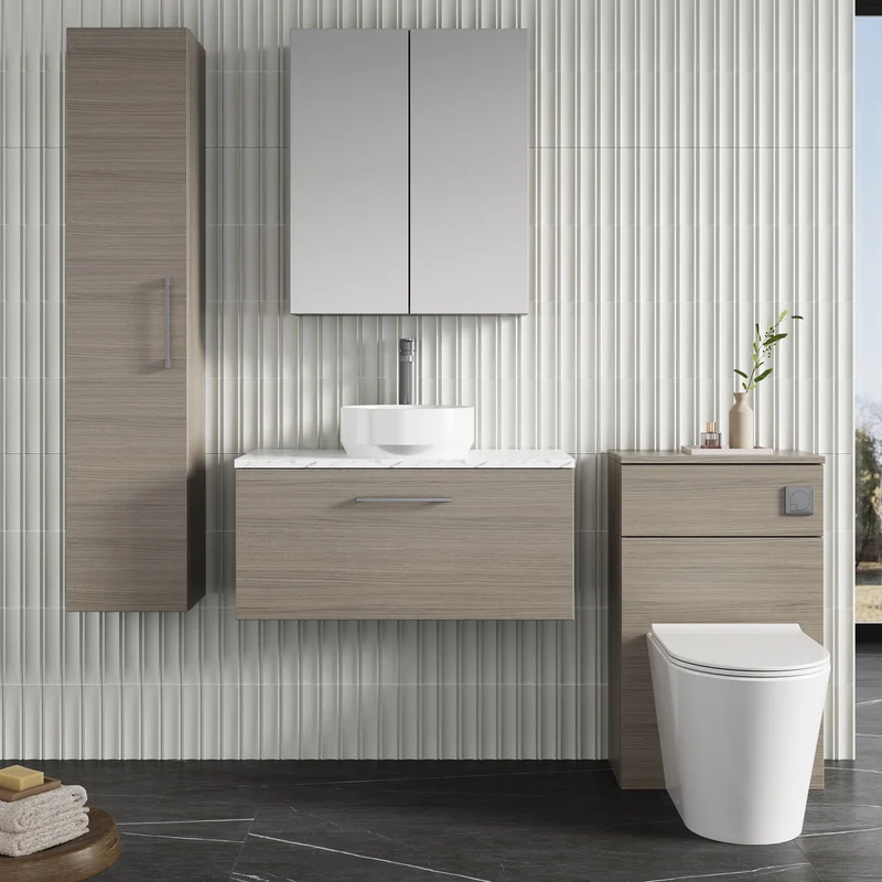 Lana 800mm Wall Hung 1 Drawer Vanity Unit & Carrera Marble Laminate Worktop - Solace Oak Woodgrain