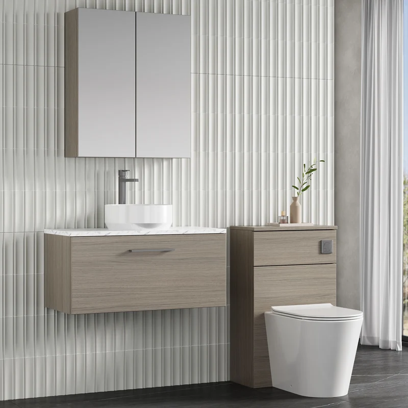 Lana 800mm Wall Hung 1 Drawer Vanity Unit & Carrera Marble Laminate Worktop - Solace Oak Woodgrain