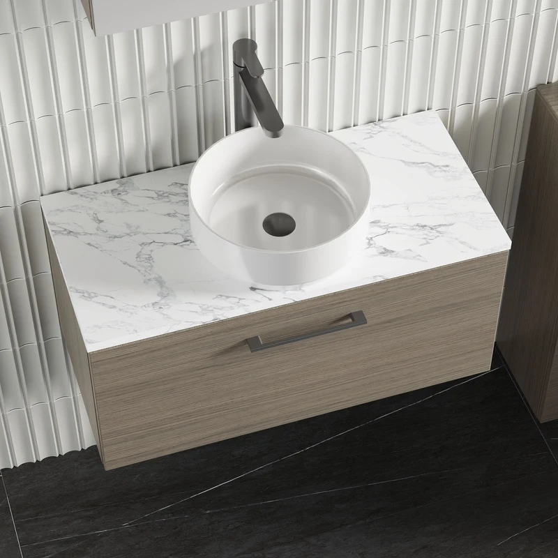 Lana 800mm Wall Hung 1 Drawer Vanity Unit & Carrera Marble Laminate Worktop - Solace Oak Woodgrain