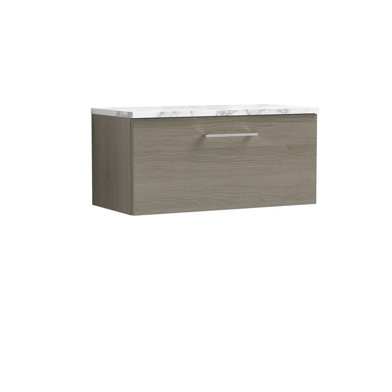Lana 800mm Wall Hung 1 Drawer Vanity Unit & Carrera Marble Laminate Worktop - Solace Oak Woodgrain